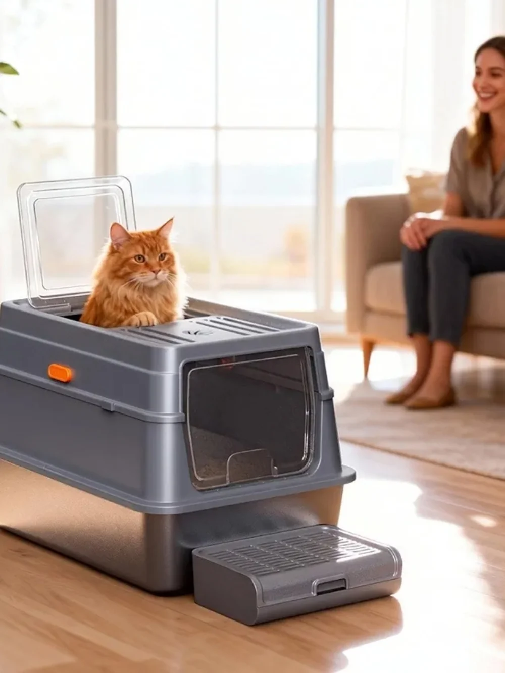 Powools Stainless Steel Enclosed Cat Litter Box With Lid Scoop Grey